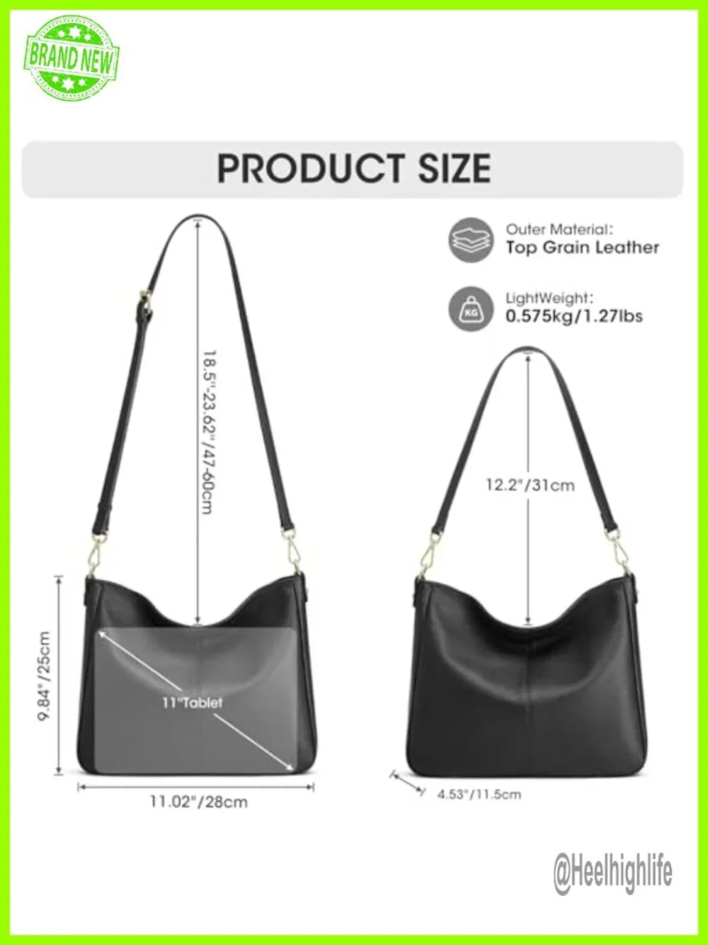 Genuine Leather Hobo Crossbody Bag with 2 Straps 5 Pockets